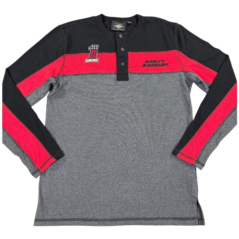 Harley-Davidson Men's M Long Sleeve Henley Shirt Red Gray Black Colorblock Biker